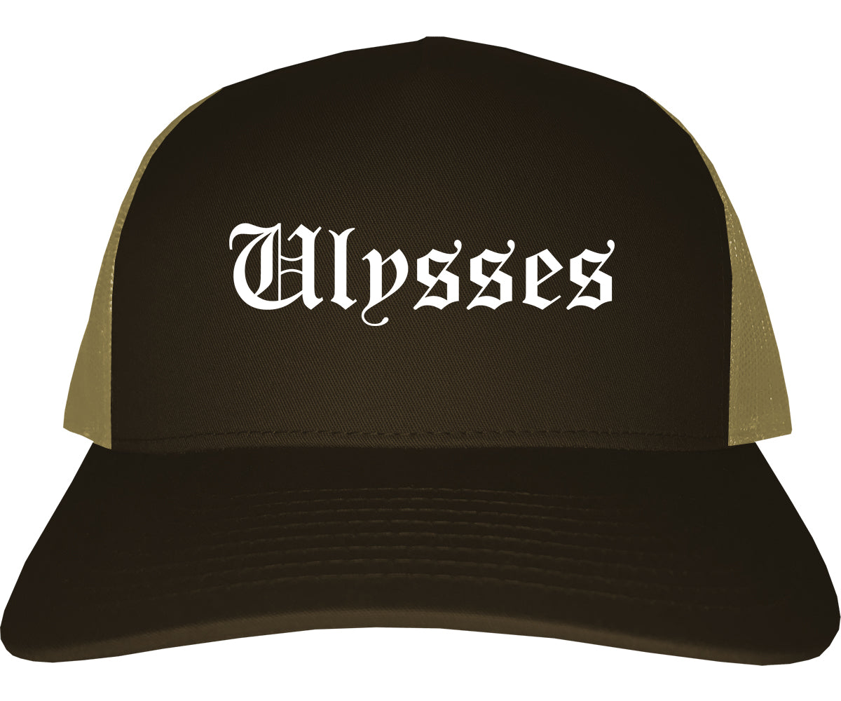 Ulysses Kansas KS Old English Mens Trucker Hat Cap Brown