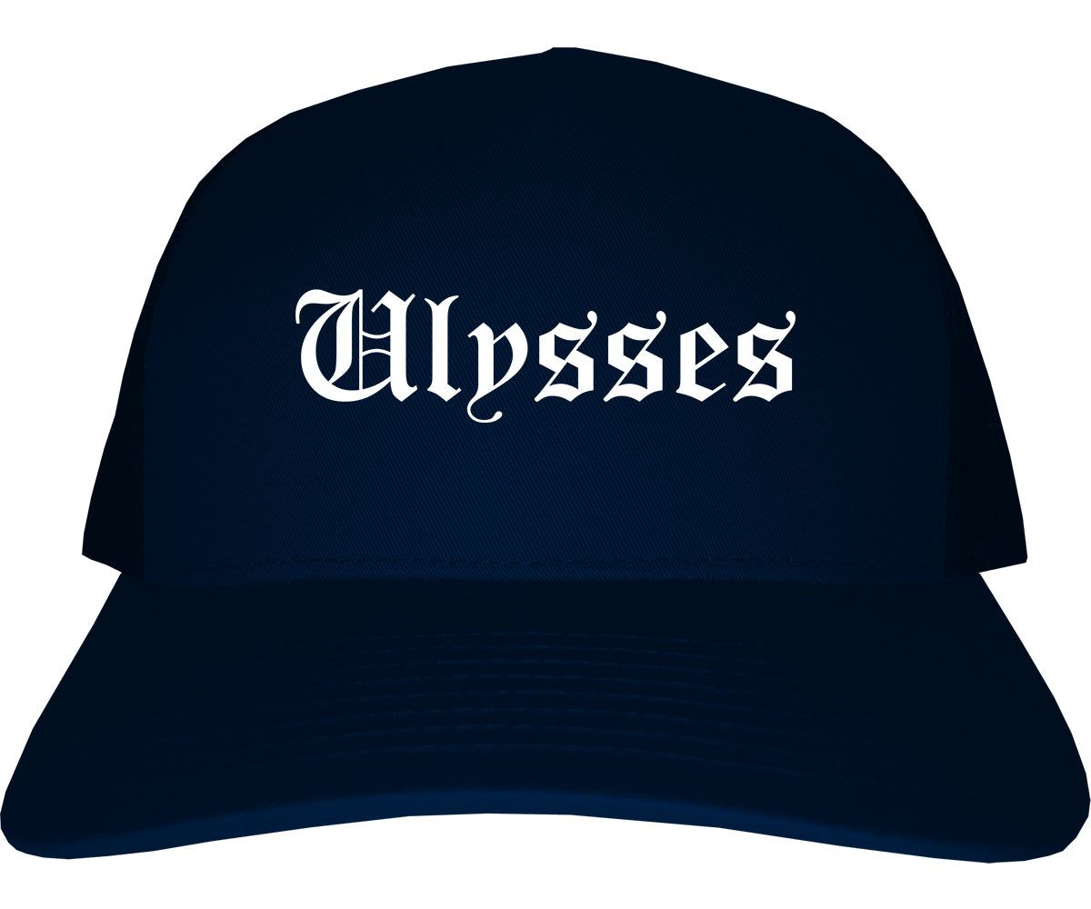 Ulysses Kansas KS Old English Mens Trucker Hat Cap Navy Blue