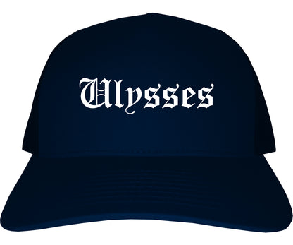 Ulysses Kansas KS Old English Mens Trucker Hat Cap Navy Blue