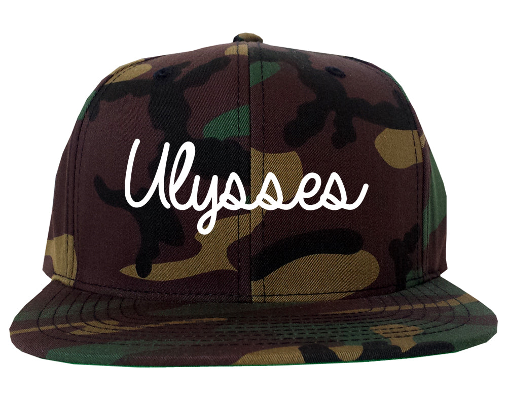 Ulysses Kansas KS Script Mens Snapback Hat Army Camo