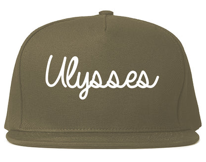 Ulysses Kansas KS Script Mens Snapback Hat Grey