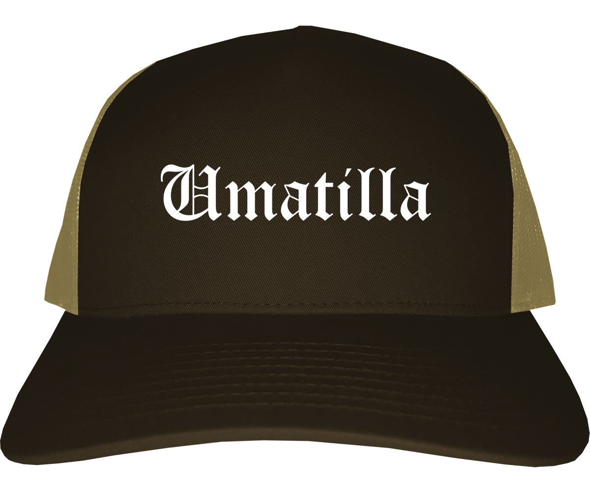 Umatilla Oregon OR Old English Mens Trucker Hat Cap Brown