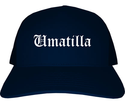 Umatilla Oregon OR Old English Mens Trucker Hat Cap Navy Blue
