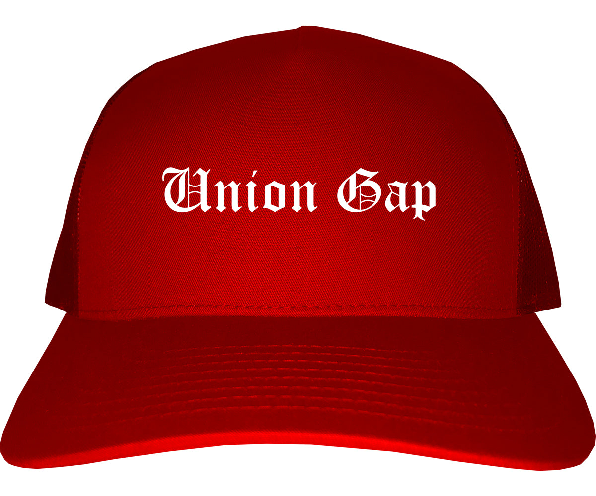 Union Gap Washington WA Old English Mens Trucker Hat Cap Red