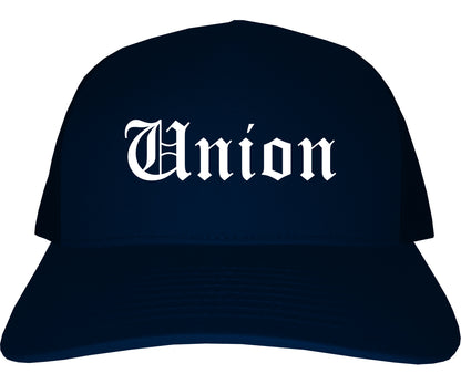 Union Ohio OH Old English Mens Trucker Hat Cap Navy Blue