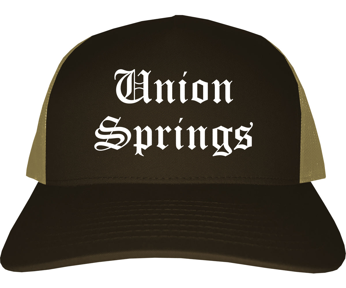 Union Springs Alabama AL Old English Mens Trucker Hat Cap Brown