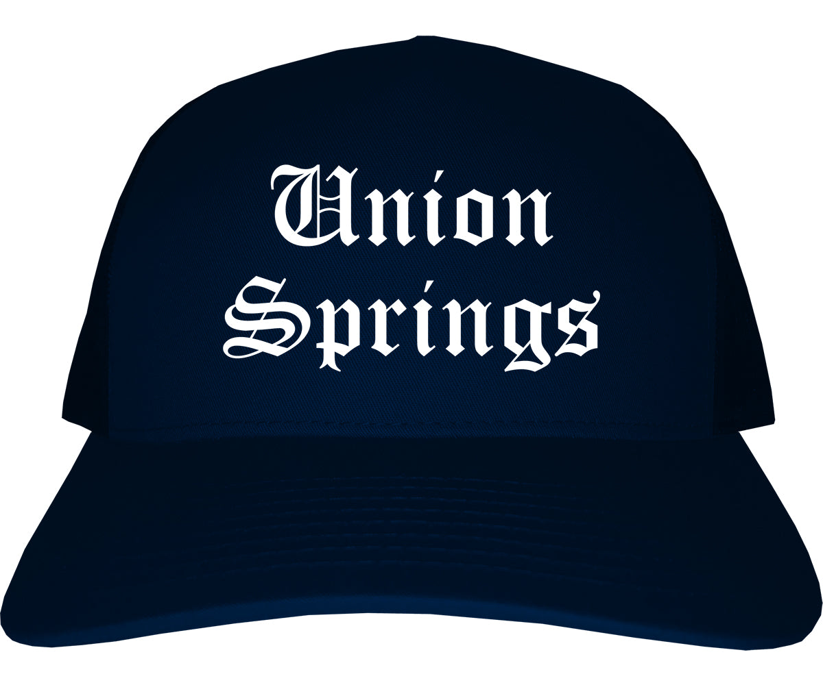Union Springs Alabama AL Old English Mens Trucker Hat Cap Navy Blue