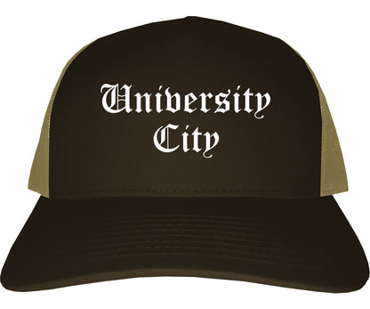 University City Missouri MO Old English Mens Trucker Hat Cap Brown