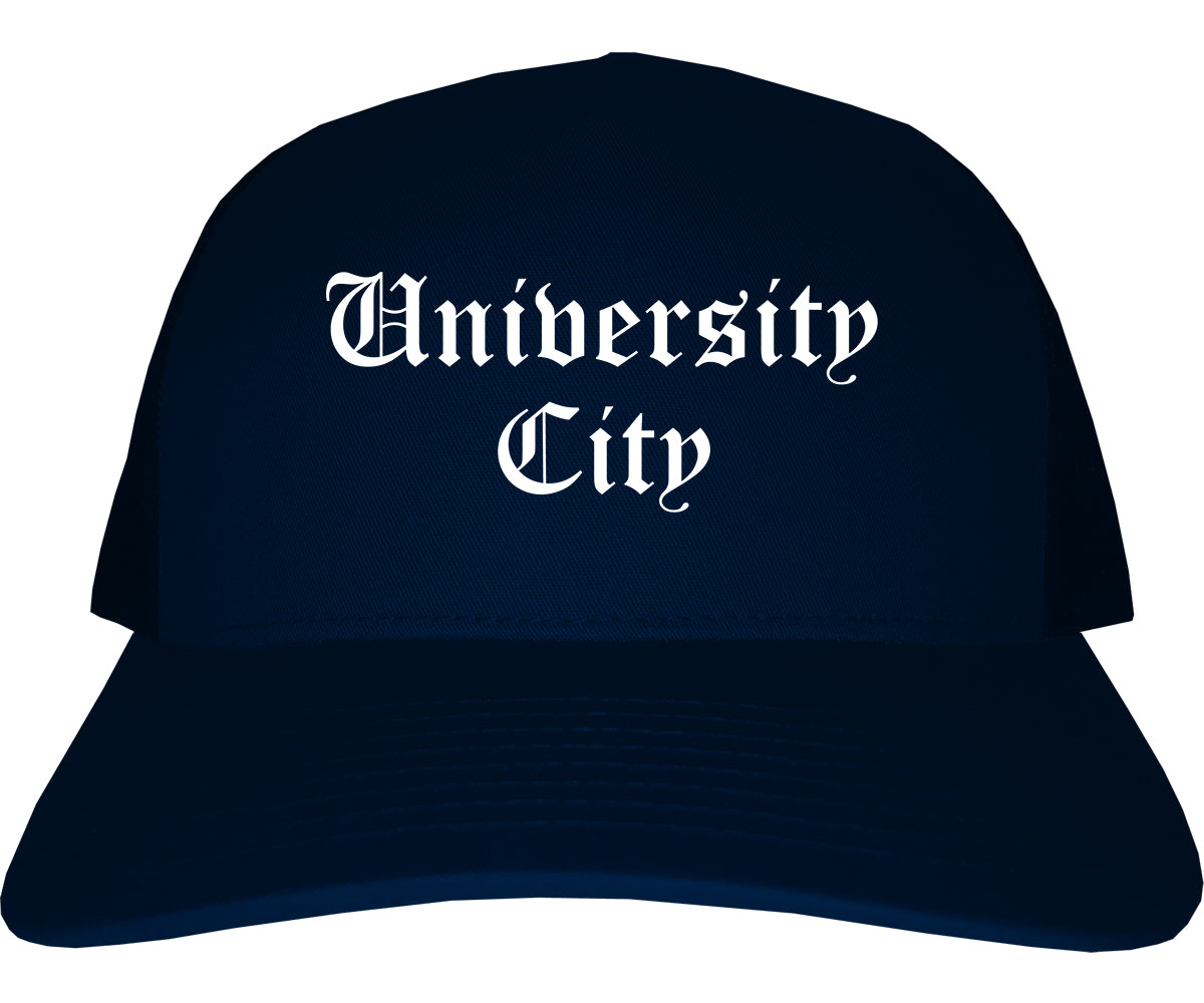 University City Missouri MO Old English Mens Trucker Hat Cap Navy Blue