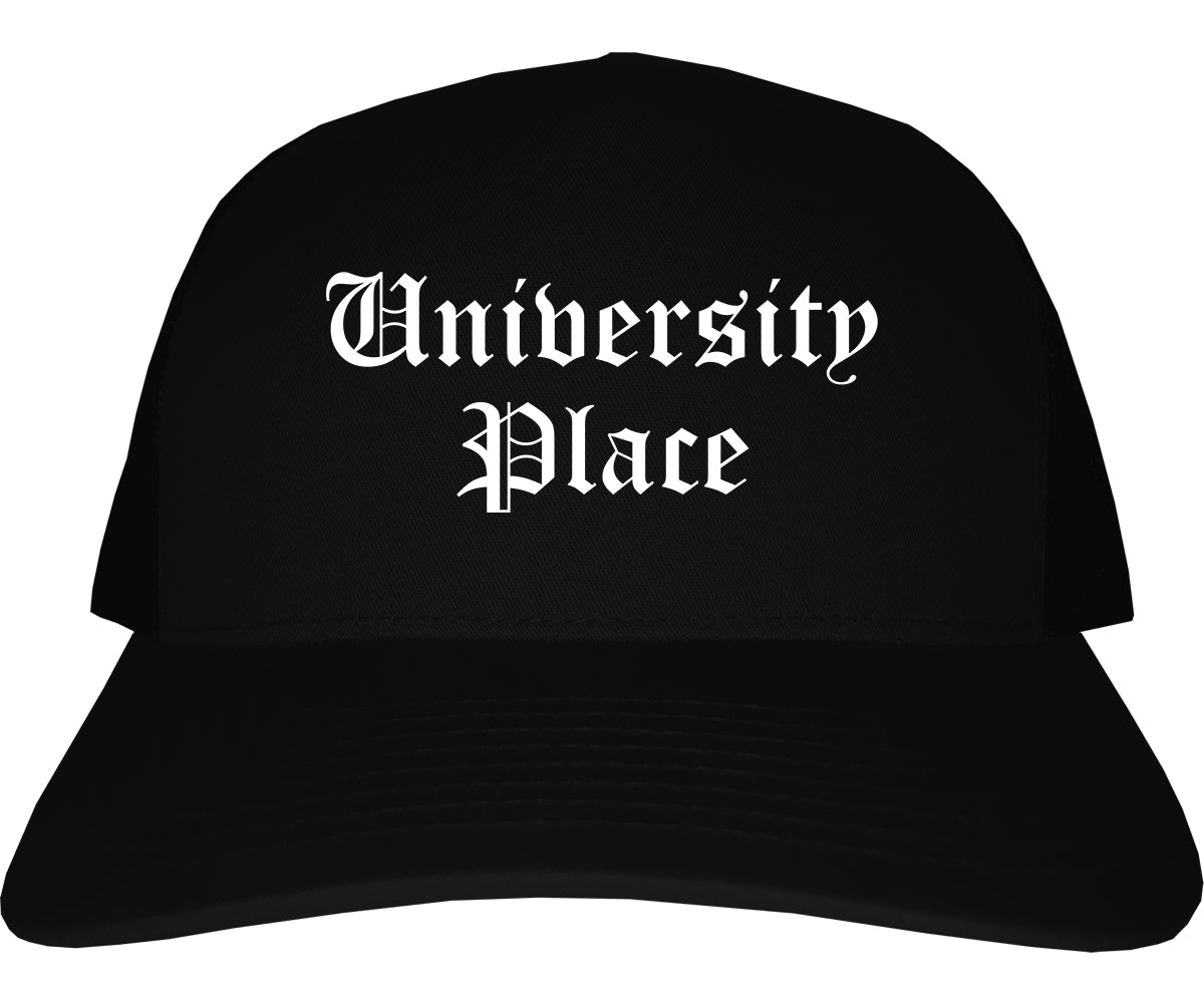 University Place Washington WA Old English Mens Trucker Hat Cap Black