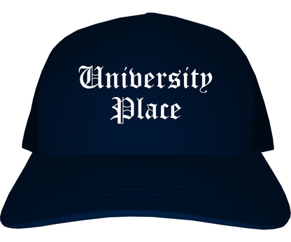 University Place Washington WA Old English Mens Trucker Hat Cap Navy Blue