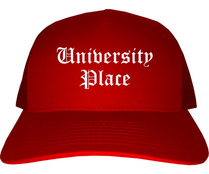 University Place Washington WA Old English Mens Trucker Hat Cap Red
