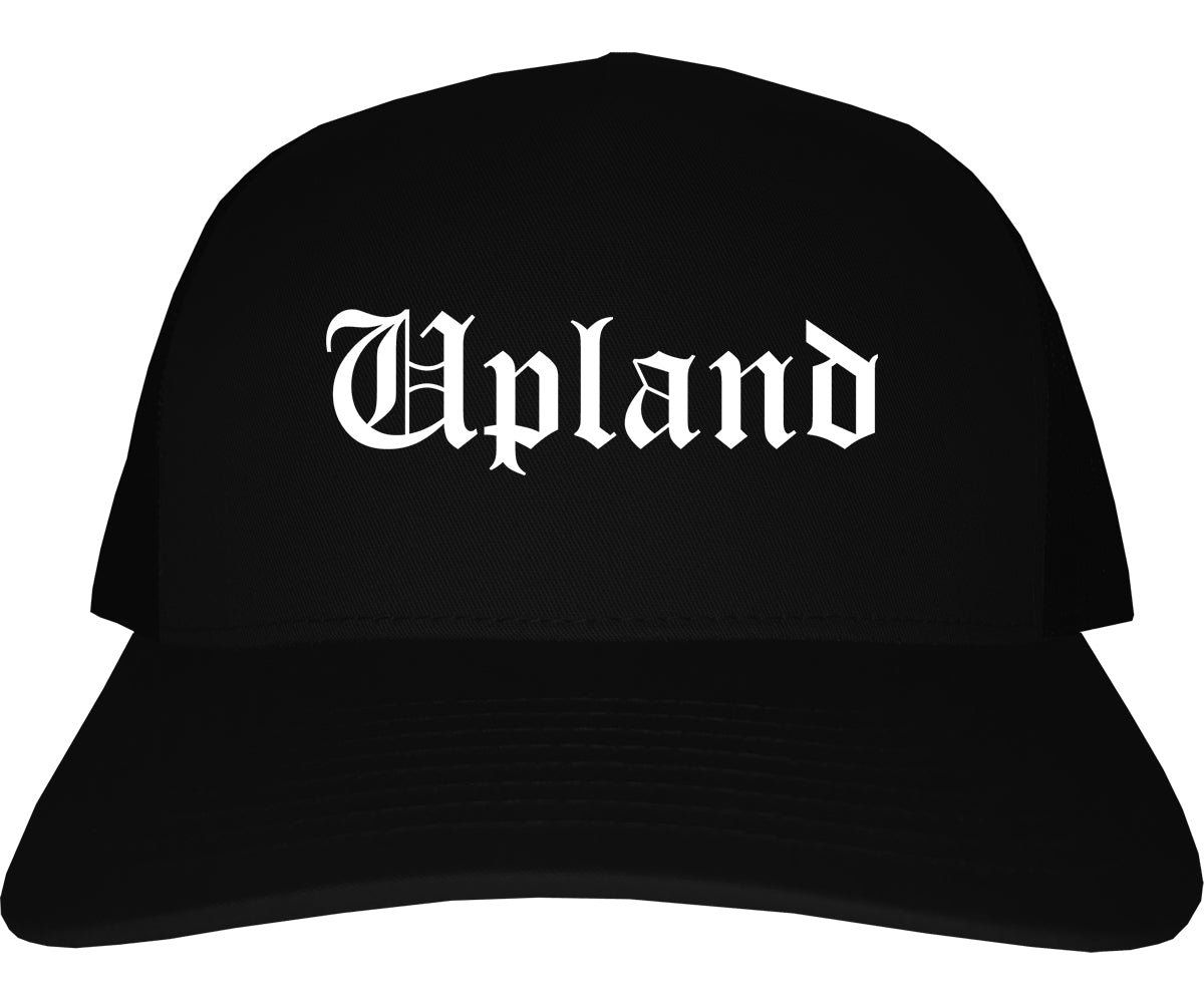 Upland California CA Old English Mens Trucker Hat Cap Black