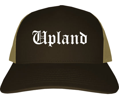 Upland California CA Old English Mens Trucker Hat Cap Brown