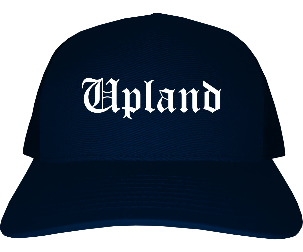 Upland California CA Old English Mens Trucker Hat Cap Navy Blue