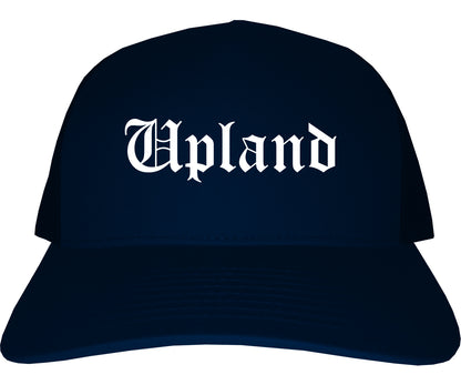 Upland California CA Old English Mens Trucker Hat Cap Navy Blue