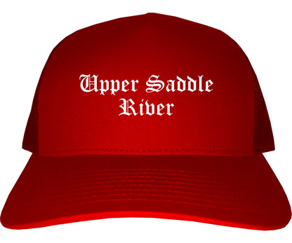 Upper Saddle River New Jersey NJ Old English Mens Trucker Hat Cap Red