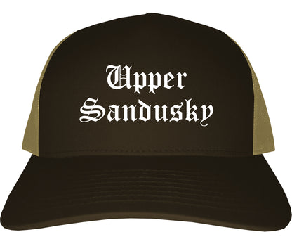 Upper Sandusky Ohio OH Old English Mens Trucker Hat Cap Brown