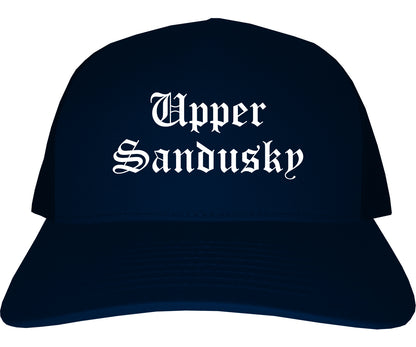 Upper Sandusky Ohio OH Old English Mens Trucker Hat Cap Navy Blue