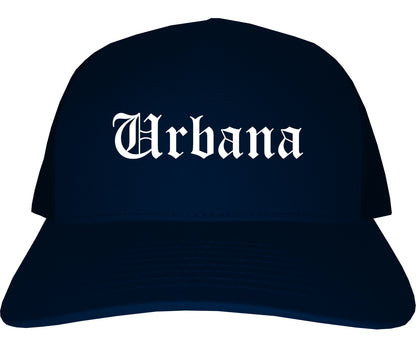 Urbana Illinois IL Old English Mens Trucker Hat Cap Navy Blue