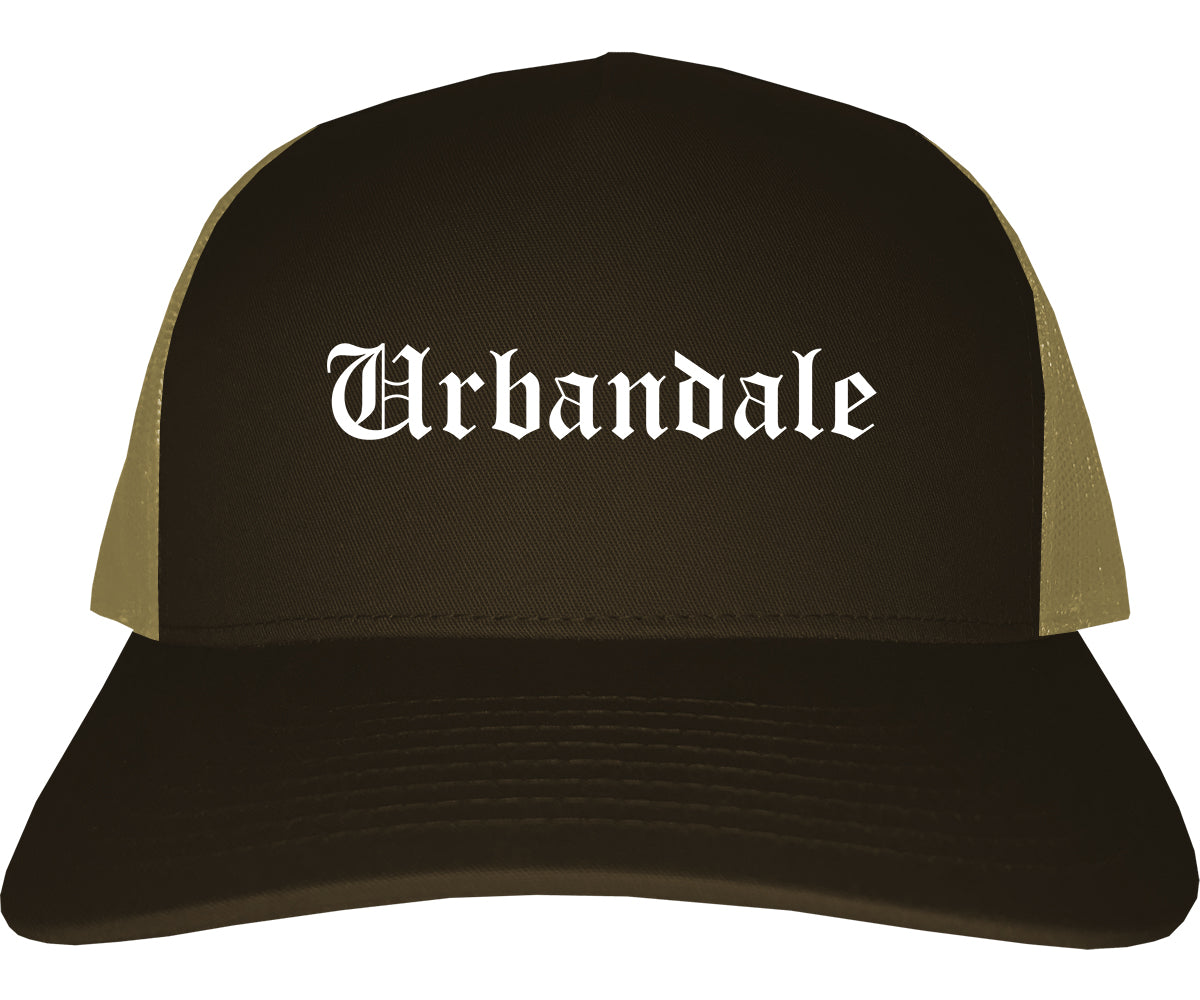 Urbandale Iowa IA Old English Mens Trucker Hat Cap Brown