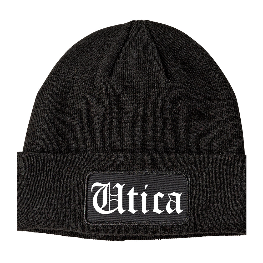 Utica Michigan MI Old English Mens Knit Beanie Hat Cap Black