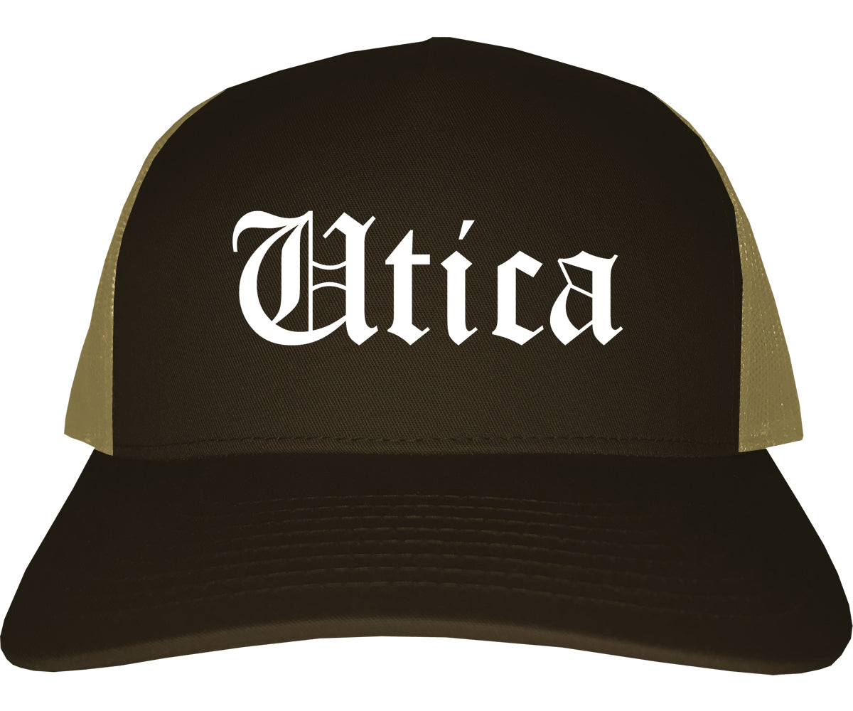 Utica Michigan MI Old English Mens Trucker Hat Cap Brown