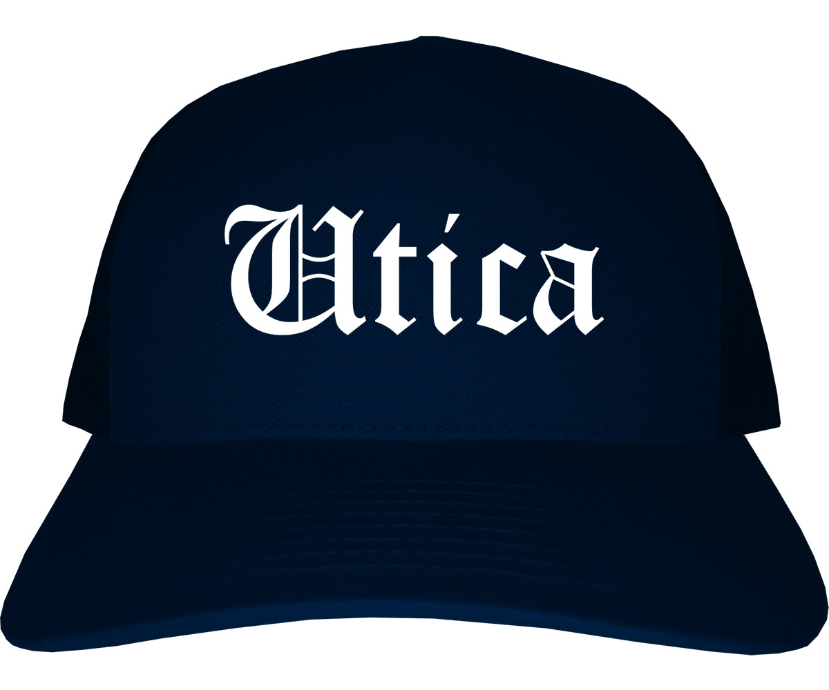 Utica Michigan MI Old English Mens Trucker Hat Cap Navy Blue