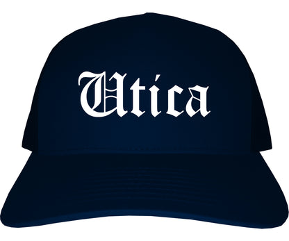 Utica Michigan MI Old English Mens Trucker Hat Cap Navy Blue