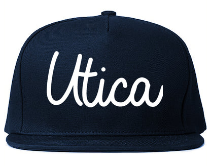 Utica New York NY Script Mens Snapback Hat Navy Blue