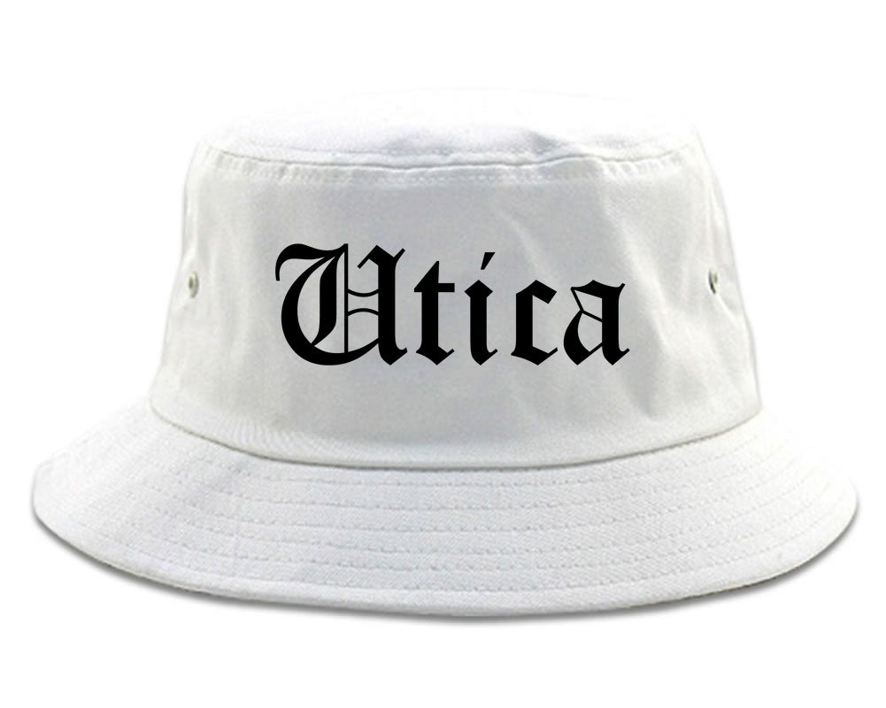 Utica New York NY Old English Mens Bucket Hat White