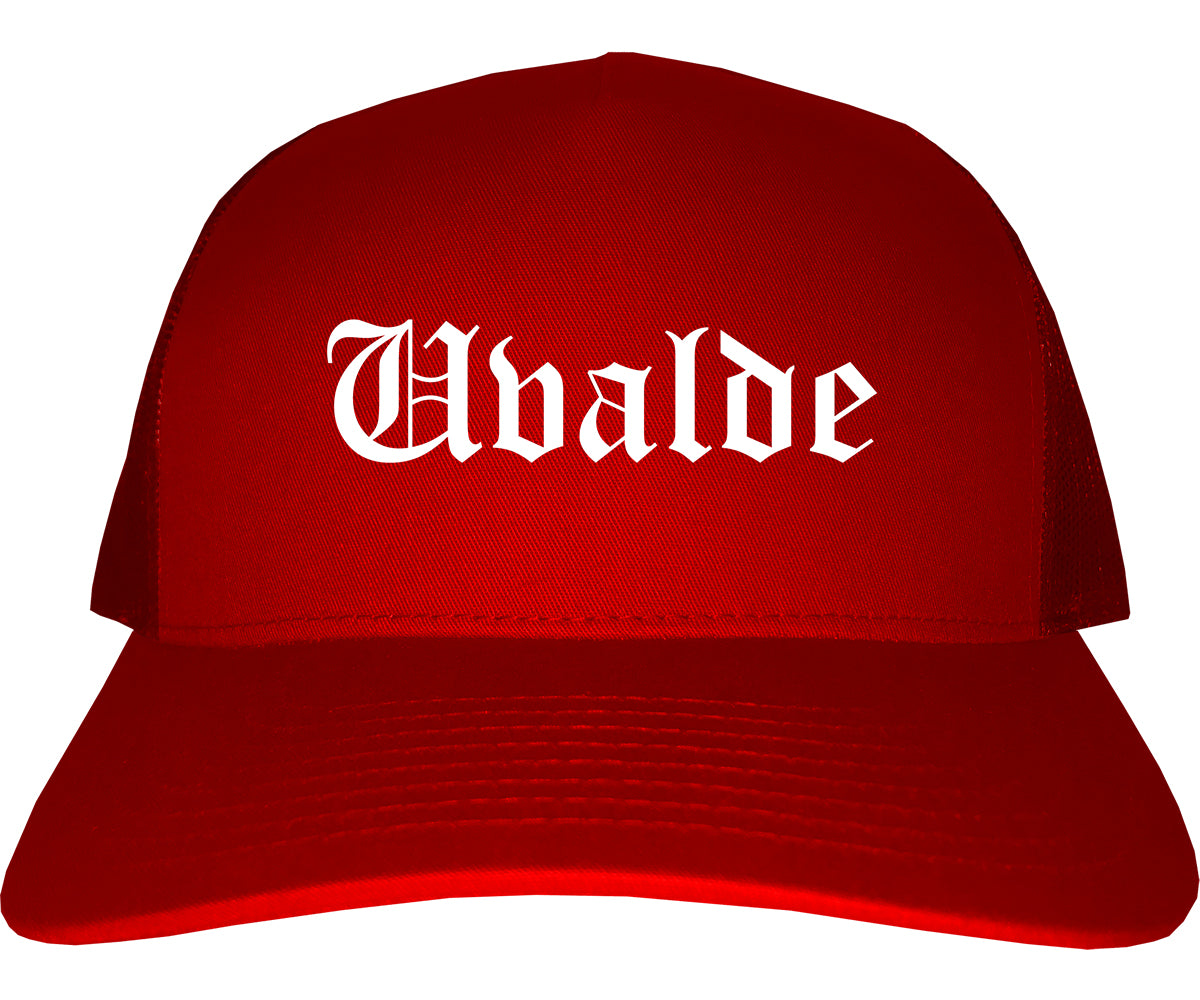 Uvalde Texas TX Old English Mens Trucker Hat Cap Red