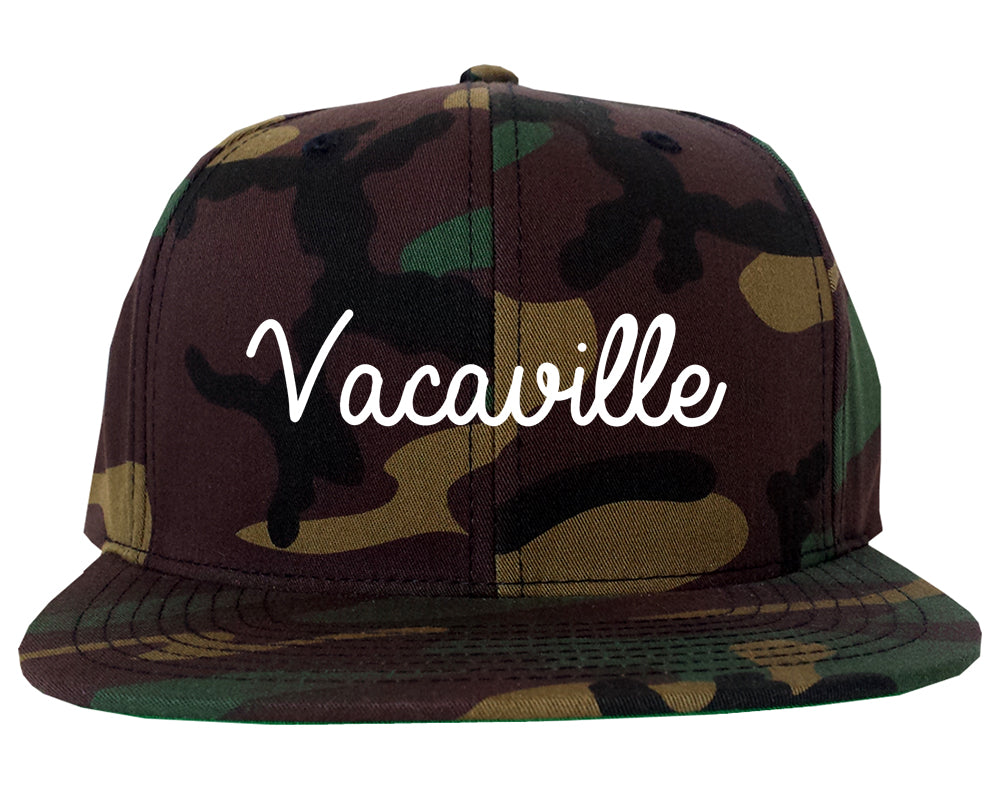 Vacaville California CA Script Mens Snapback Hat Army Camo