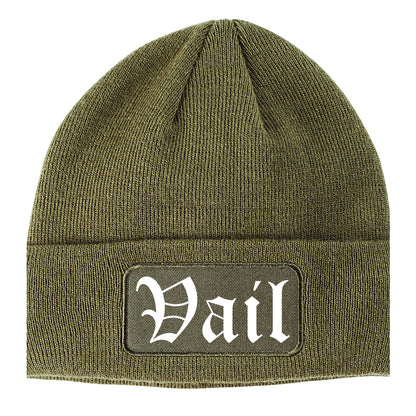 Vail Colorado CO Old English Mens Knit Beanie Hat Cap Olive Green