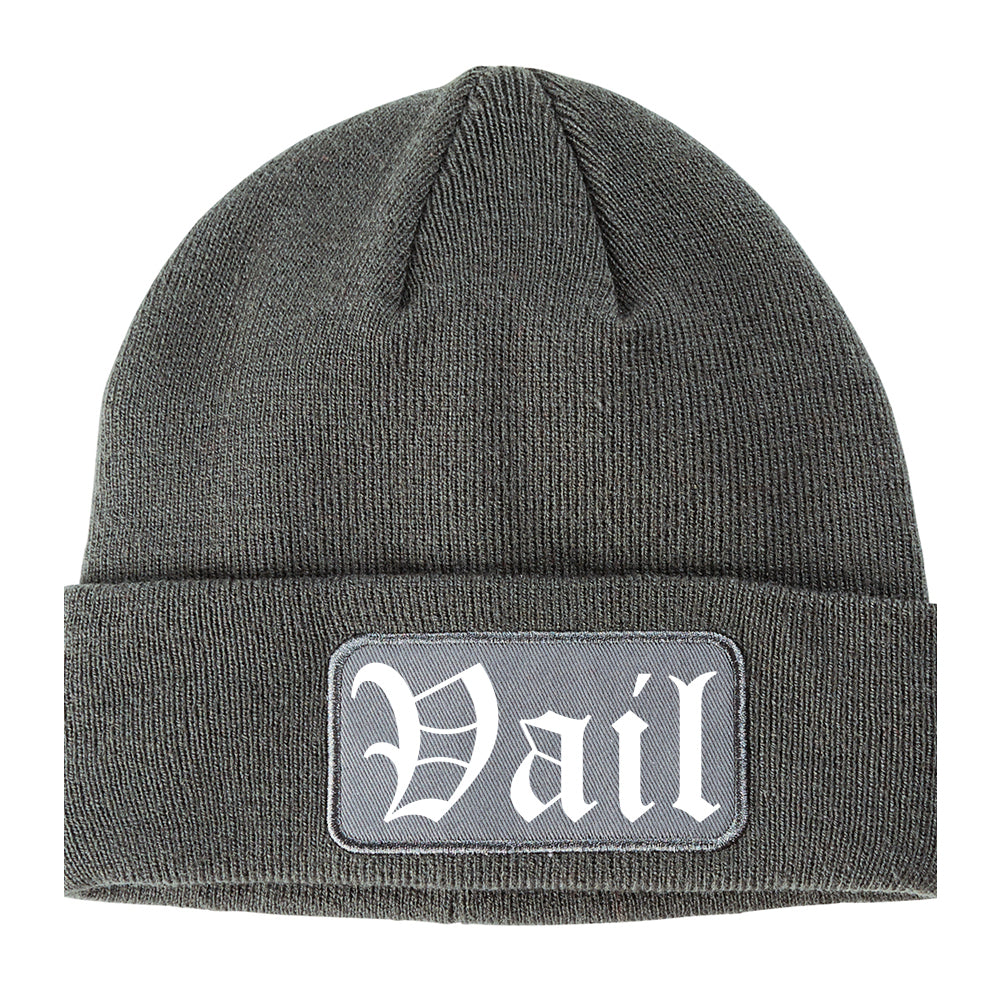 Vail Colorado CO Old English Mens Knit Beanie Hat Cap Grey