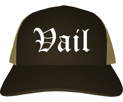 Vail Colorado CO Old English Mens Trucker Hat Cap Brown