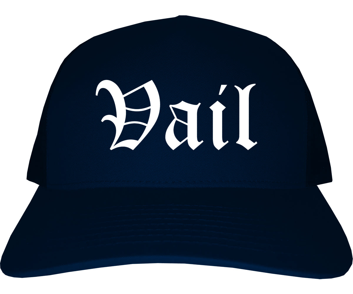 Vail Colorado CO Old English Mens Trucker Hat Cap Navy Blue