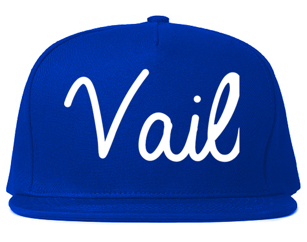 Vail Colorado CO Script Mens Snapback Hat Royal Blue