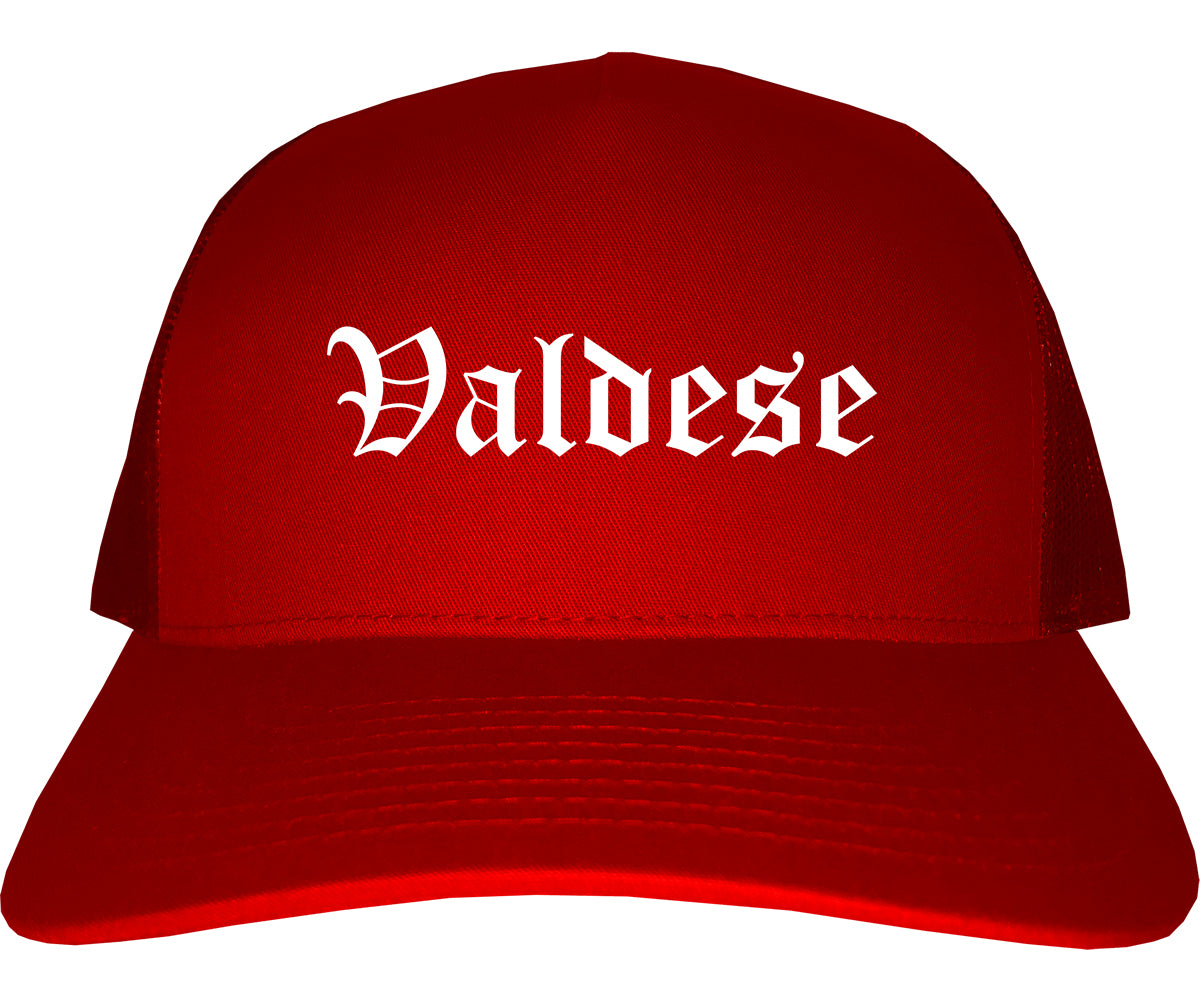 Valdese North Carolina NC Old English Mens Trucker Hat Cap Red