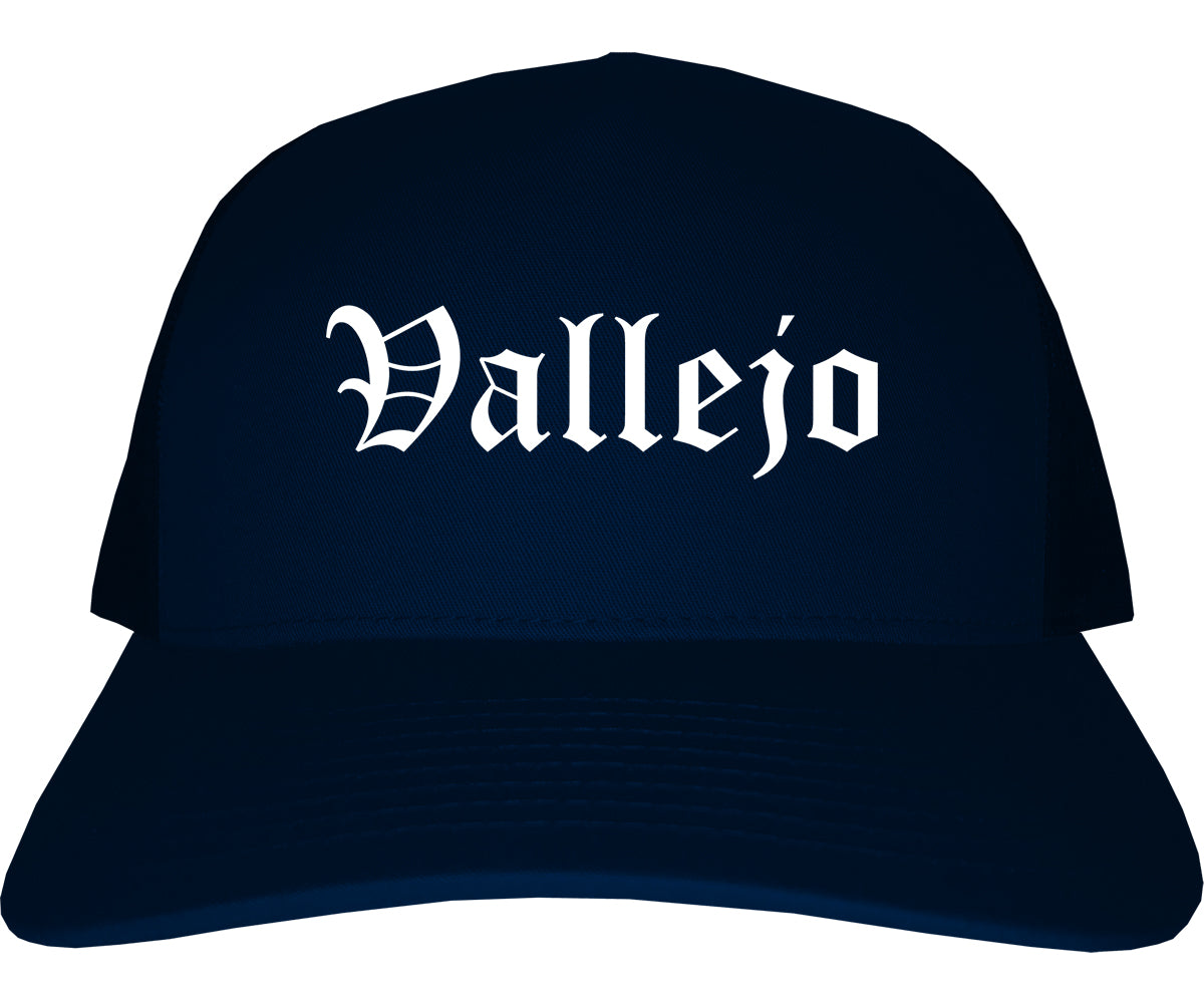 Vallejo California CA Old English Mens Trucker Hat Cap Navy Blue