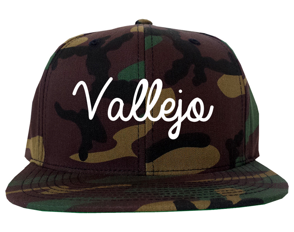 Vallejo California CA Script Mens Snapback Hat Army Camo