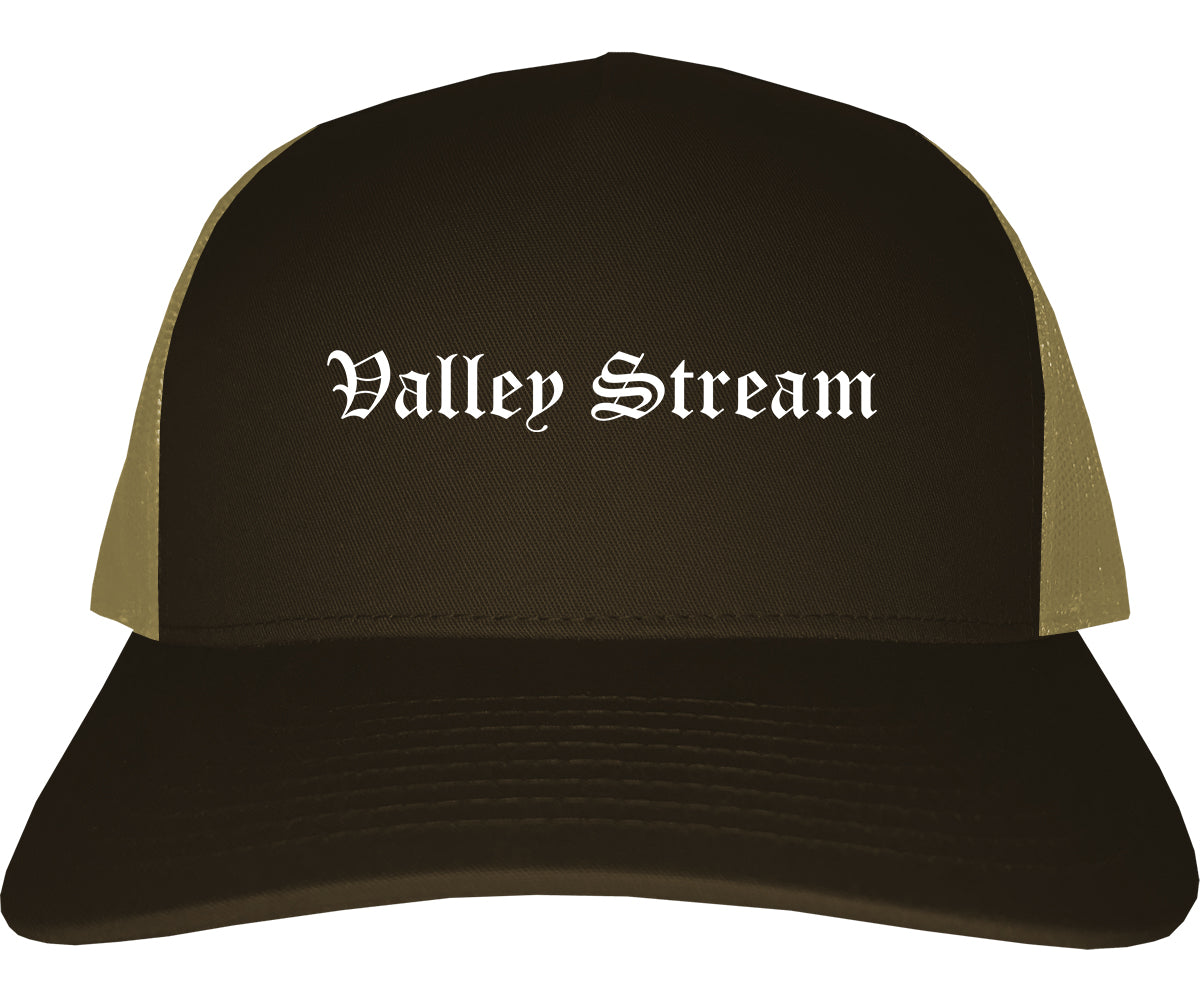 Valley Stream New York NY Old English Mens Trucker Hat Cap Brown