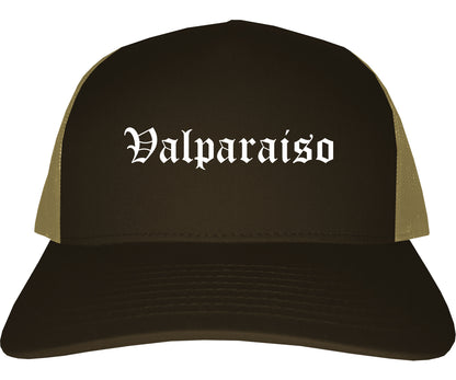 Valparaiso Indiana IN Old English Mens Trucker Hat Cap Brown