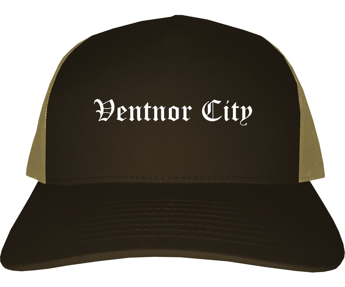 Ventnor City New Jersey NJ Old English Mens Trucker Hat Cap Brown