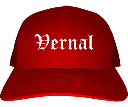 Vernal Utah UT Old English Mens Trucker Hat Cap Red