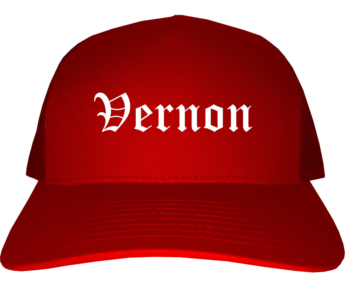 Vernon Texas TX Old English Mens Trucker Hat Cap Red