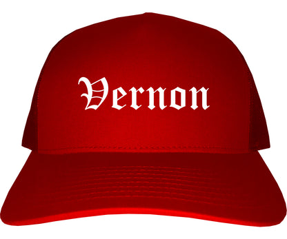 Vernon Texas TX Old English Mens Trucker Hat Cap Red