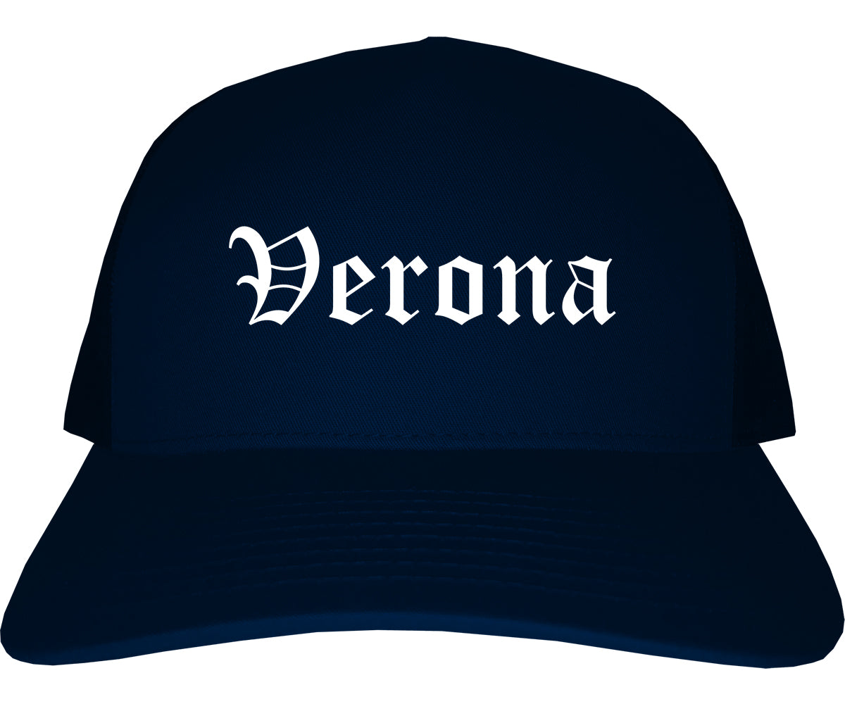 Verona Wisconsin WI Old English Mens Trucker Hat Cap Navy Blue