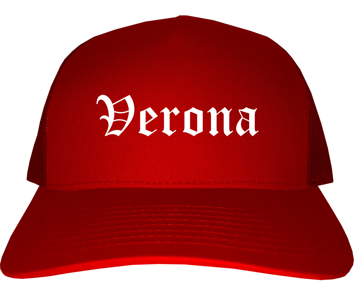Verona Wisconsin WI Old English Mens Trucker Hat Cap Red