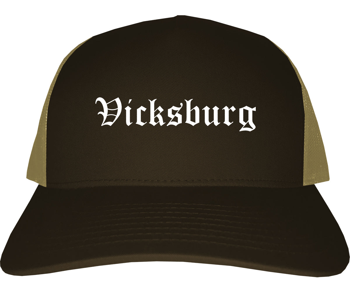 Vicksburg Mississippi MS Old English Mens Trucker Hat Cap Brown